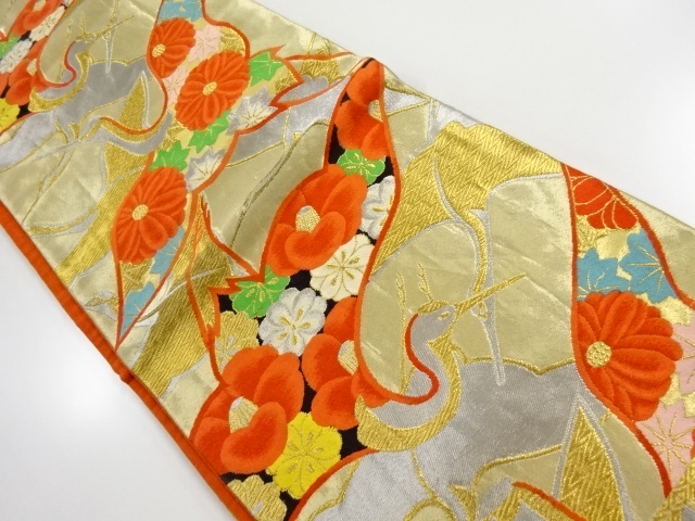 アンティーク　群鶴に花模様織出し袋帯（材料）